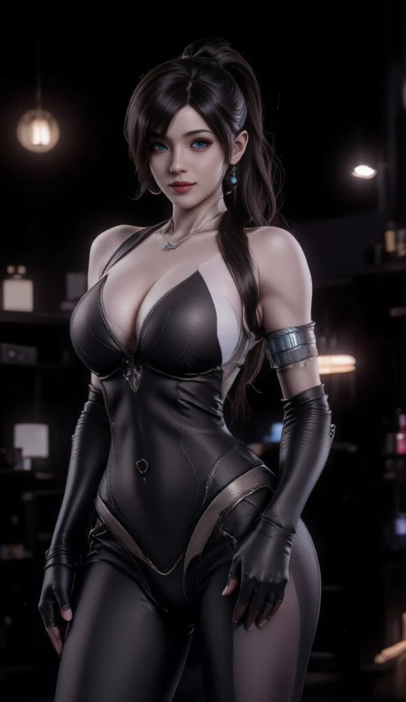 masterpiece, best quality, 1 girl, ada wong from Game Resident Evil Remake with face asian like pornstars nuked sexy, black hair, ponytail, blue eyes, vest with no bra, boots, hot dress, breasts large chest, cleavage, fingerless gloves, midriff, navel, pan...