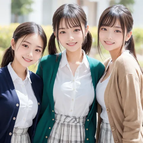 ((TOP QUALITY、masterpiece、8k、Best Picture Quality))、 High saturation 、(Group photo of three high school girls:1.5)、((uniform white shirt 、Ribbon on chest、 Plaid Pleated Skirt ))、The happiest smile、 best smile、 show your teeth smile 、look at me、( wave hair)...