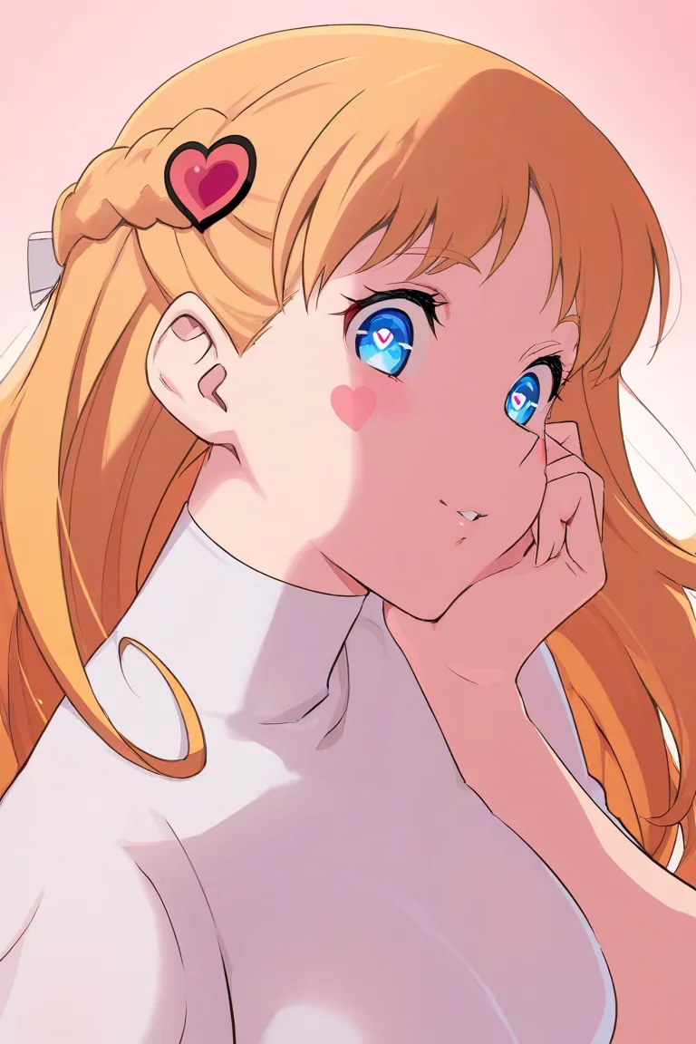 The woman in the anime is a cute white adult, her cheeks are blushed red and her eyes are beautiful and have a heart shape in the center of her eyeballs. She wore a short white dress, she stood up and posed cute.