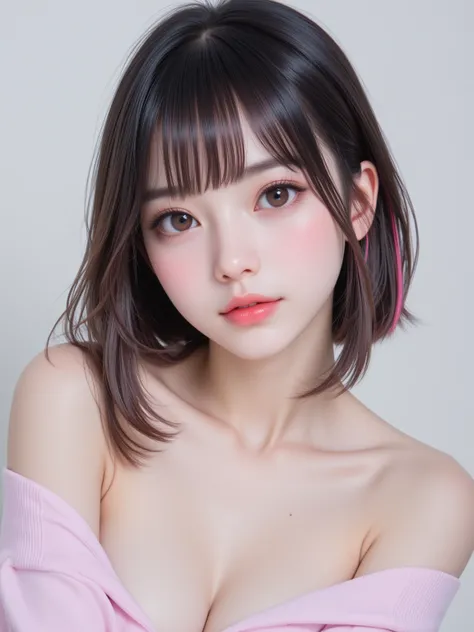 TOP QUALITY，ultra high resolution，Realistic:0.7，A single photo，shows a 22 year old girl，hair silky black and added pink highlights，straight short neck hairstyle，Bangs，Bright big eyes，Huge straight chest，sexy pink semi-closed lips，to show off delicate eye m...