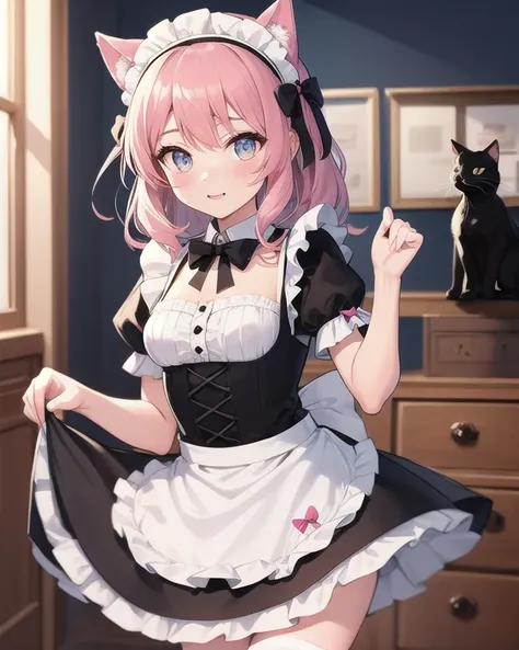 Top quality, high quality, beautiful quality with attention to detail, one girl, cute dress with frills, black and pink dress, maid-style design, black cat ears headband, Western-style room,