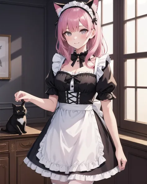 Top quality, high quality, beautiful quality with attention to detail, one girl, cute dress with frills, black and pink dress, maid-style design, black cat ears headband, Western-style room,