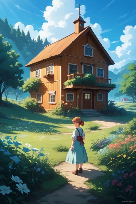 Ghibli-style animation, nostalgic rural landscape, lush green hills and an old wooden house, grass and flowers swaying in a gentle breeze, soft sunlight filtering through in the afternoon, a vast blue sky with fluffy clouds in the distance, a young girl st...