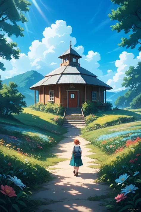 Ghibli-style animation, nostalgic rural landscape, lush green hills and an old wooden house, grass and flowers swaying in a gentle breeze, soft sunlight filtering through in the afternoon, a vast blue sky with fluffy clouds in the distance, a young girl st...