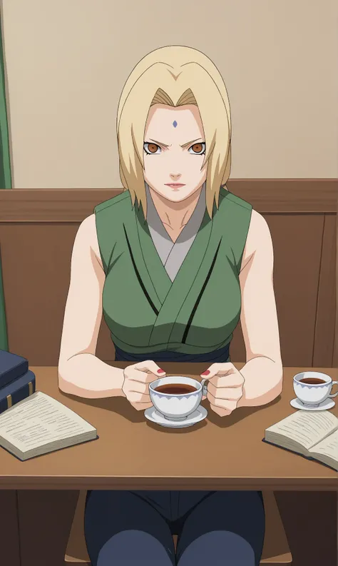   score _9,   score _8_arriba,   score _7_arriba,"(masterpiece,  ultra detailed,  High quality:1.2), anime style,  Tsunade Senju ( naruto shippuden), sitting in her office at the Hokage,  serious and concentrated expression , surrounded by scrolls and docu...