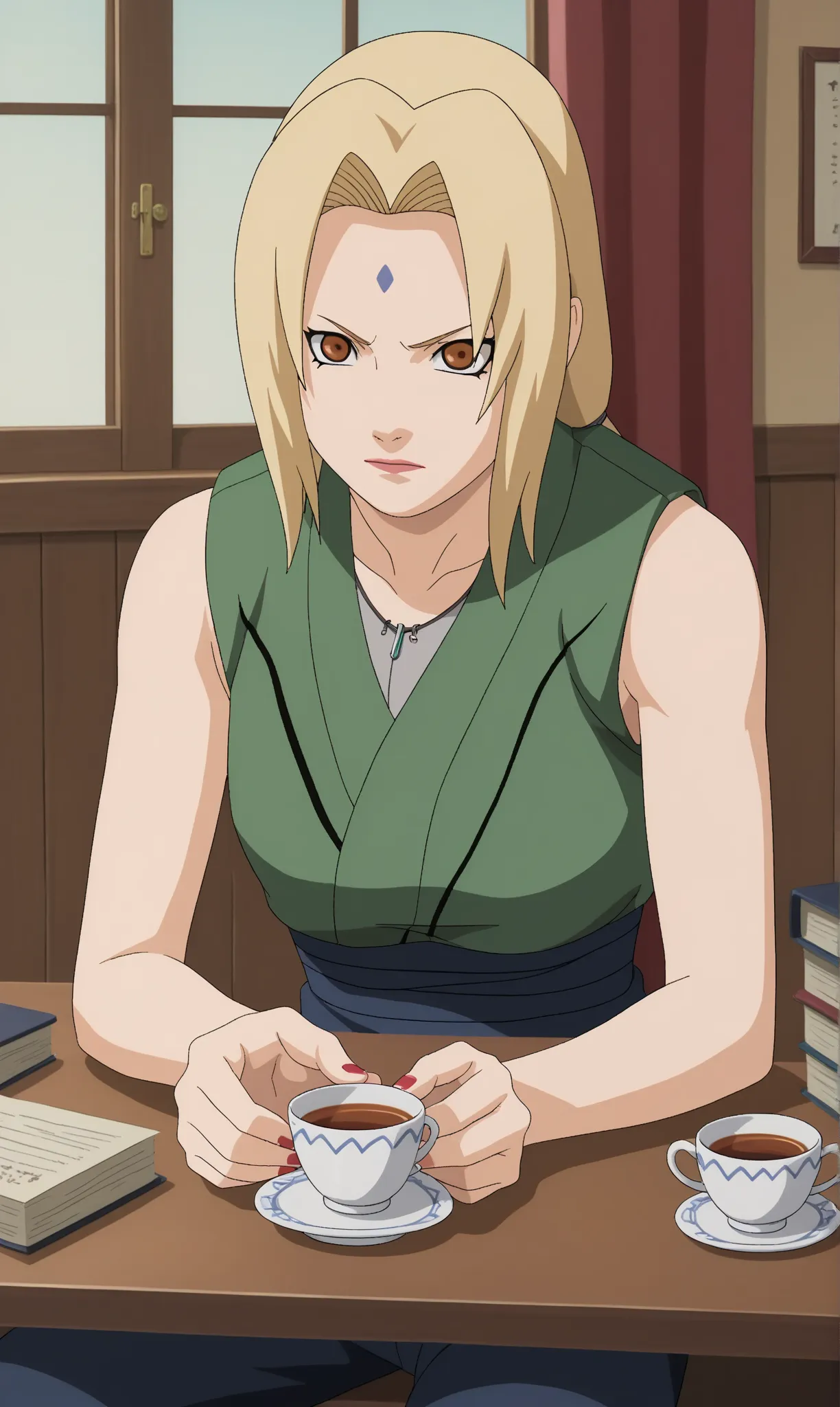   score _9,   score _8_arriba,   score _7_arriba,"(masterpiece,  ultra detailed,  High quality:1.2), anime style,  Tsunade Senju ( naruto shippuden), sitting in her office at the Hokage,  serious and concentrated expression , surrounded by scrolls and docu...