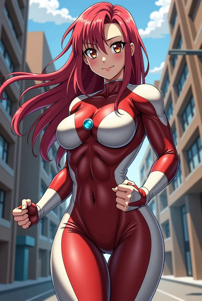  My Hero Academia Style , Anime girl, female, young female,muscular female,Full Body Shot,(fighting Pose:1.3),Long hair, Red Hair,  Brown Eyes,Hero Suit, Full Body Suit, red suit with white details,small round blue jewel in the center of the chest, perfect...