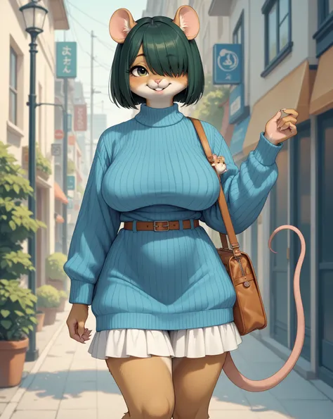 (furry hamster face:0.9), girl , (curvy:0.5), bob cut , beautiful hair over the eyes , Rodent , tight fit Vertical striped sweater , impossible clothing , boob bag , (erect nipple:0.9) , saggy breast , frill skirt , (spread legs:0.5) , duffel coat , coquet...