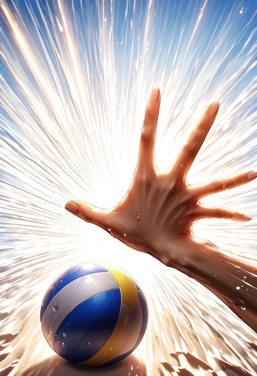 Beach Volleyball Game, (speed motion line:1.5), ((Volley((ball))), 1 arm up, 1 spreading hand up, sweat, (((from above))), perfect hand, focus on ball