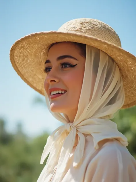 Create a vivid retro photograph of an elegant French woman in her 50s smiling in the sunshine. She is wearing a wide, structured straw hat covered by a translucent white veil that wraps around her head and ties under her chin in a delicate bow. She has fai...