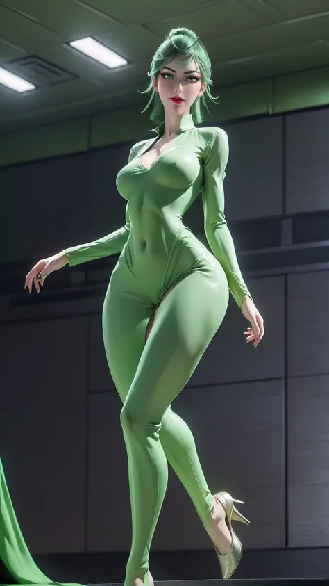  girl,(CG blends  ),  full body shot  ,,(short green hair,  bangs, Charming smile ,Arrogant face, Blush ),(  A cup breasts  ,Lysis,Chest groove,oily skin ,Muscle Abs:1) ,( tight green long sleeve dress,heels),(  slim body  :1.7), (  sweaty body :1.2), (   ...