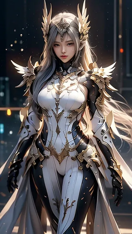 (hyperrealistic 8K), (ultra-detailed realistic), beautiful female model, youthful, Attractive figure, detailed beautiful face, random hair style, Smooth skin, Brown eyes, double eyelids, Beige lips, cyber armor, cyber legs armor, acrobatic pose, front view...