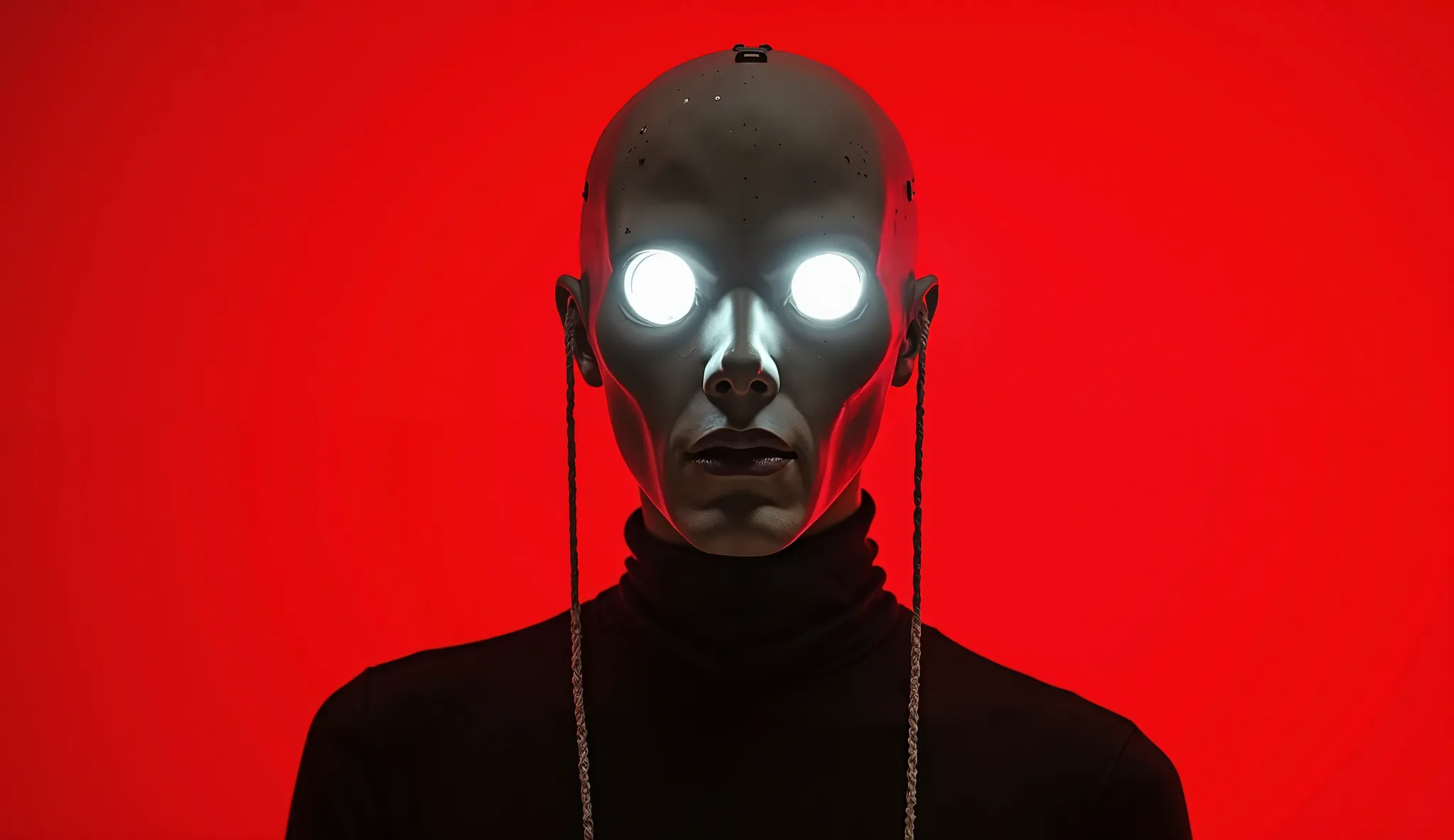 mug shot, portrait of a human wearing a black turtleneck and white glowing eyes mask with two long thin strings hanging from the top to bottom on both sides against a red background