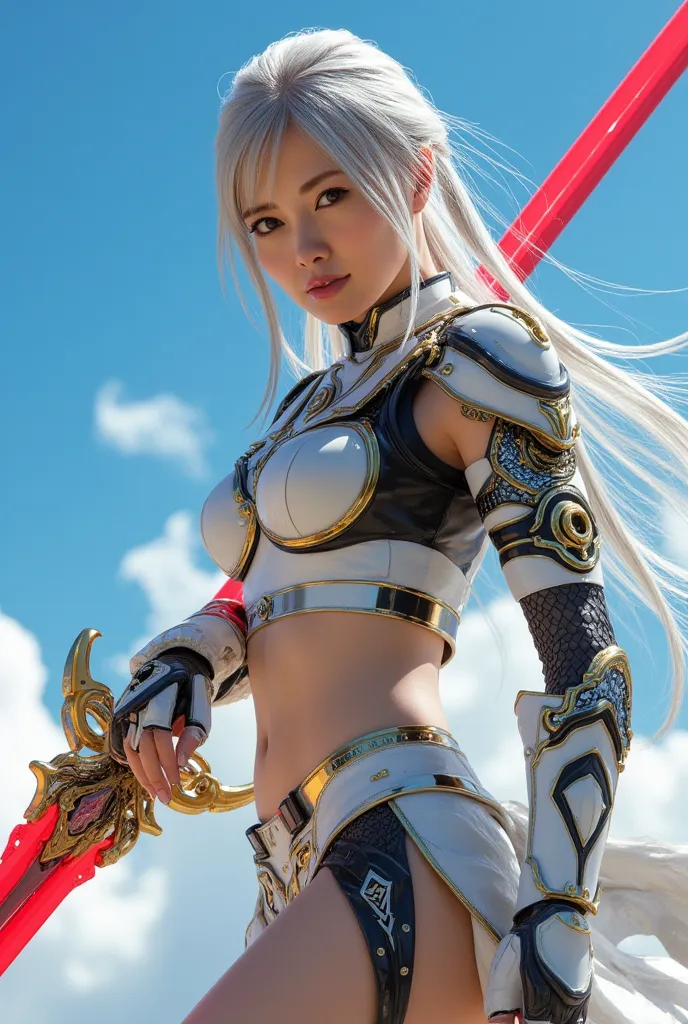 Soaring Warrior, masterpiece, ultra detailed face, realistic textured skin, perfect anatomy, perfect fingers, a detailed girl in mechanical white and black and gold robot armor, holding a long crimson and white sword, flying dynamically through a blue sky,...