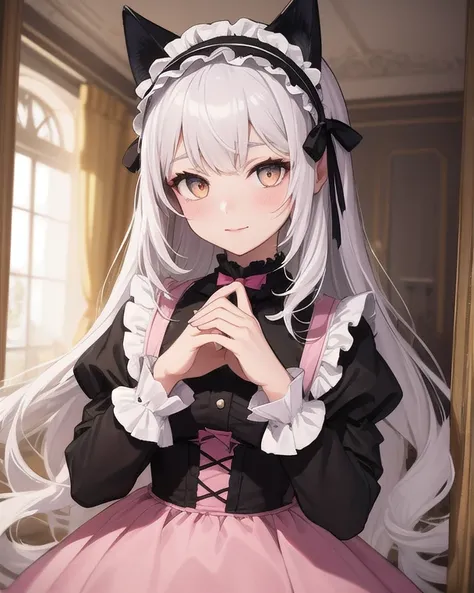 Top quality, high quality, beautiful quality with attention to detail, one girl, cute dress with frills, pink dress, gothic lolita style design, black cat ears headband, five fingers, accurately drawn hands and fingers, mansion-like room,