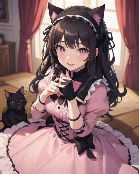 Top quality, high quality, beautiful quality with attention to detail, one girl, cute dress with frills, pink dress, gothic lolita style design, black cat ears headband, five fingers, accurately drawn hands and fingers, mansion-like room,