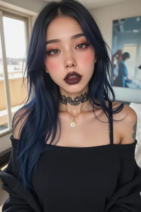 1girl, woman, emo_hairstyle, navy blue hair, black lipstick, big choker, eyeliner, red eyeshadow, grey eyes, mascara, smoky eyes, black lips, bedroom, natural lighting, perfect face, emo, big breasts, black lips, sweatshirt, over the shoulder, tattoo