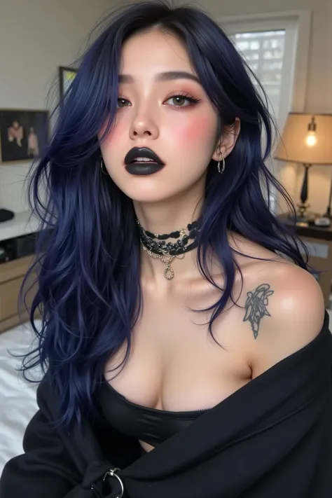 1girl, woman, emo_hairstyle, navy blue hair, black lipstick, big choker, eyeliner, red eyeshadow, grey eyes, mascara, smoky eyes, black lips, bedroom, natural lighting, perfect face, emo, big breasts, black lips, sweatshirt, over the shoulder, tattoo