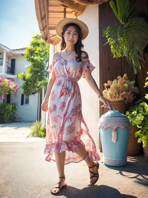 A 40-year-old Japanese wife enjoying seaside vacation, wearing a chiffon maxi dress with floral patterns that flutter in ocean breeze, straw sunhat tied with silk ribbon, delicate gold anklet glinting in sunlight. She walks gracefully along wet sandy shore...