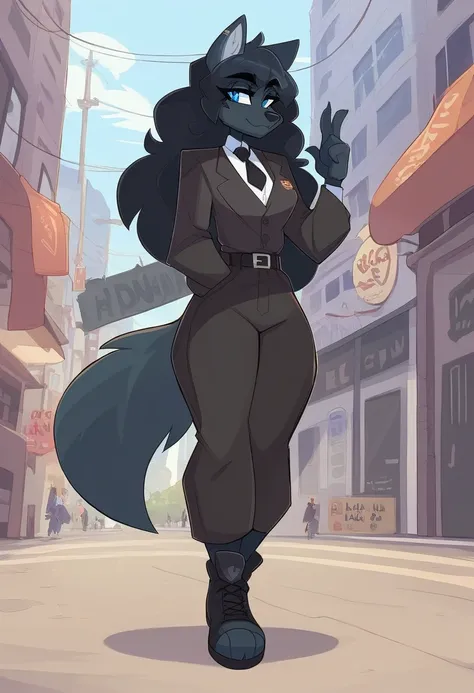 1girl, solo, female, female focus, furry full body,(((Kilinah style))), random Character,black skin,black pants,black belt,black shoes,black suit,black tie,big wolf ears,wolf nose,black long hair,light blue eyes,wolf tail,big city, background traffic