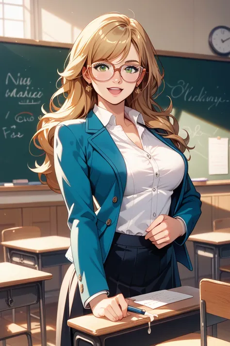 1 girl, cowboy in the parlor of the house, classroom, smile, (teacher:1.4),  open your mouth, 
ellen_Baker,  green eyes , blond hair,  long hair, hair crunch,  jacket, white shirt, Skirt best quality,  masterpiece, high resolution,  Cum In Pussy