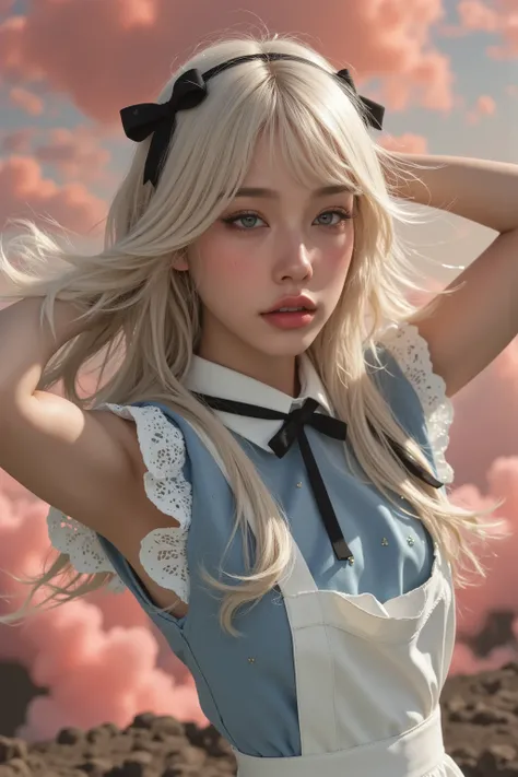 (A stunning young woman:1.3) with long, flowing platinum blonde hair, styled with **perfectly cut bangs** framing her delicate, doll-like face. Her **bright blue eyes** gaze dreamily, filled with curiosity and wonder.

She wears a **classic Alice in Wonder...