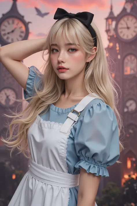 (A stunning young woman:1.3) with long, flowing platinum blonde hair, styled with **perfectly cut bangs** framing her delicate, doll-like face. Her **bright blue eyes** gaze dreamily, filled with curiosity and wonder.

She wears a **classic Alice in Wonder...