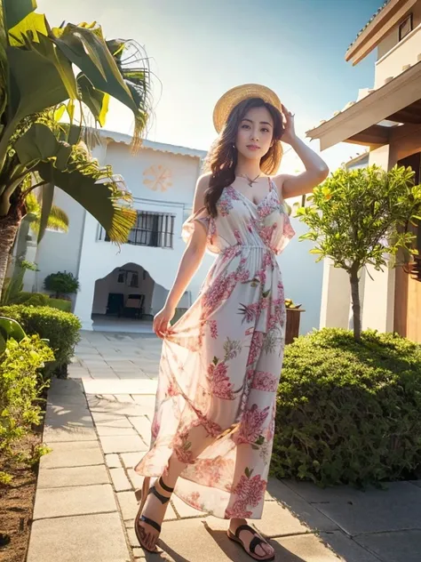 A 30-year-old Japanese wife enjoying seaside vacation, wearing a chiffon maxi dress with floral patterns that flutter in ocean breeze, straw sunhat tied with silk ribbon, delicate gold anklet glinting in sunlight. She walks gracefully along wet sandy shore...