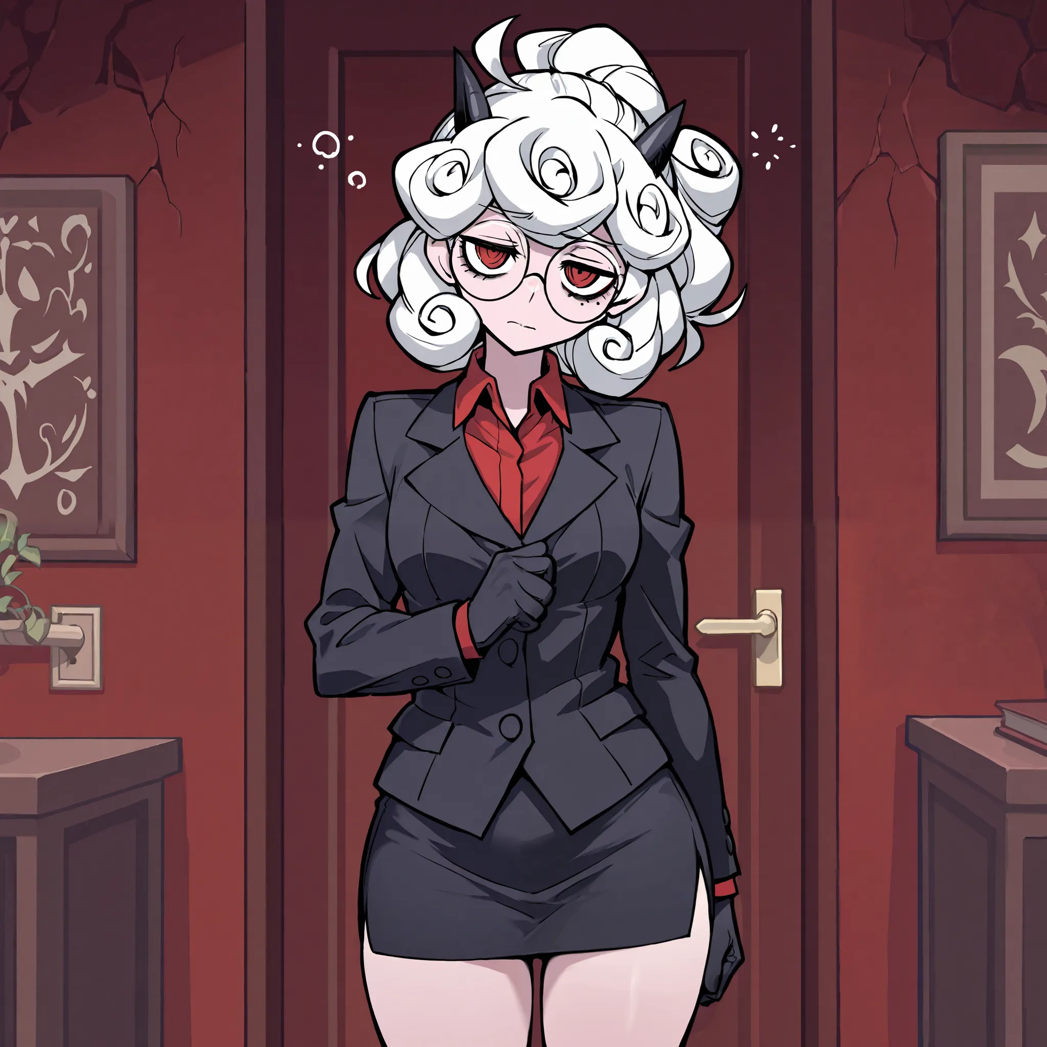 Masterpiece, best quality, absurd res, masterpiece, pandemonica helltaker, small black horns, red eyes, big round glasses, wearing tight black suit, short skirt, black gloves, tired expression, standing, indoors