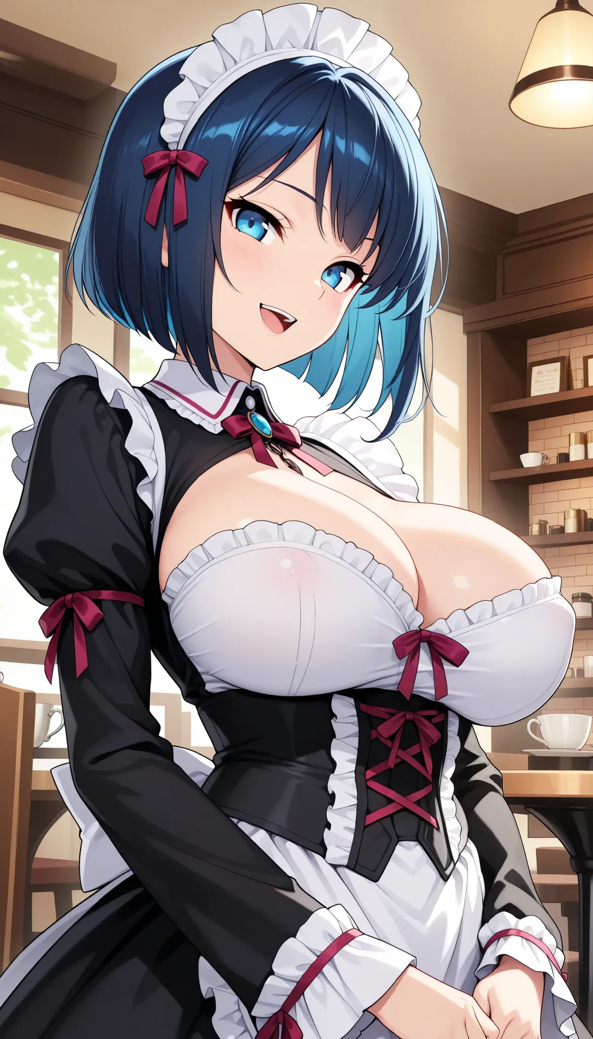 1 Beautiful Girl , (Alluring, smile,  open your mouth), Anime Style, (Blue Hair, short bob), (Beautiful big boobs), fashion model body type, (gothic maid uniform,  corsets), Extremely cute , ( bust shot), Cafe,  standing, (TOP QUALITY:1.2, very detailed, H...