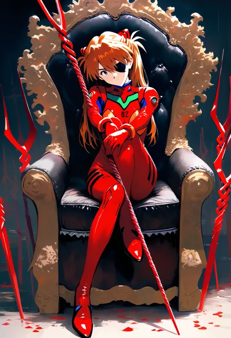 1 girl, Soryu Asuka Langley, neon genesis  Evangelion,  Sensitive , Alone, Eye patch,  red plug suit,  sitting on a throne,  cross your legs ,  head tilt,  weapon, Lance of Longinus \( Evangelion\), cowboy in the parlor of the house, depth of coverage,  im...