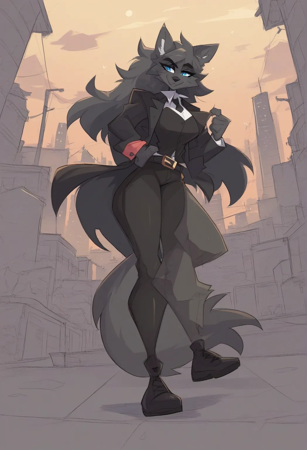 1girl, solo, female, female focus, furry full body,(((Kilinah style))), random Character,black skin,black pants,black belt,black shoes,black suit,black tie,big wolf ears,wolf nose,black long hair,light blue eyes,wolf tail,big city, background 