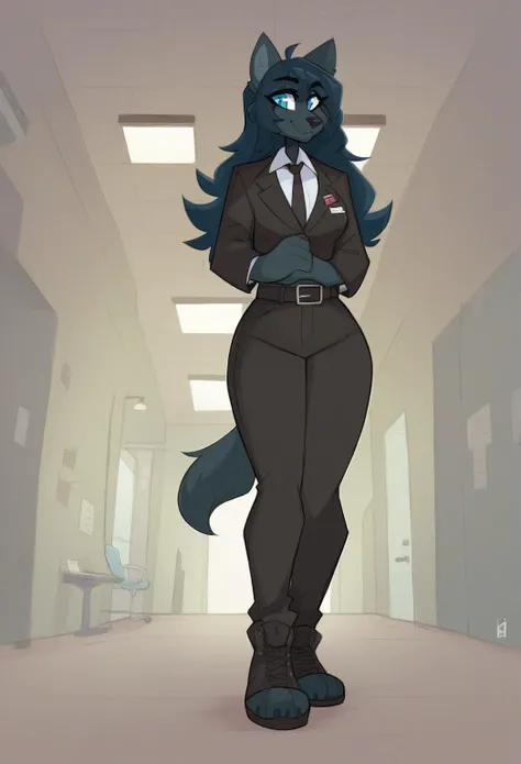 1girl, solo, female, female focus, furry full body,(((Kilinah style))), random Character,black skin,black pants,black belt,black shoes,black suit,black tie,big wolf ears,wolf nose,black long hair,light blue eyes,wolf tail, hospital, background, inside, hal...