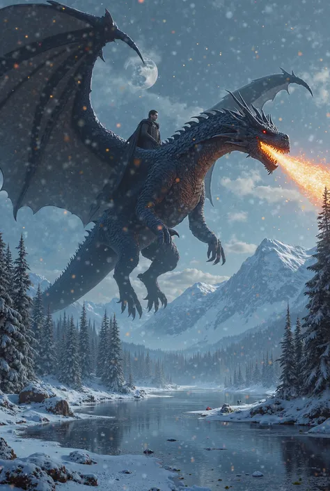 Create a black dragon from Game of Thrones casting flames while flying in the Night King from Game of Thrones . snow scene, whether,  mountains , Lake, trees