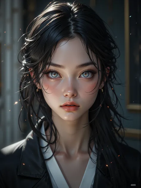 Highly detailed portraits with expressive eyes and a perfect face，Enhanced with cinematic lighting and realistic shadows，post-processing with volumetric light and flare in 4K resolution，Represents。Focuses on fine eye details and pale silver white tones。