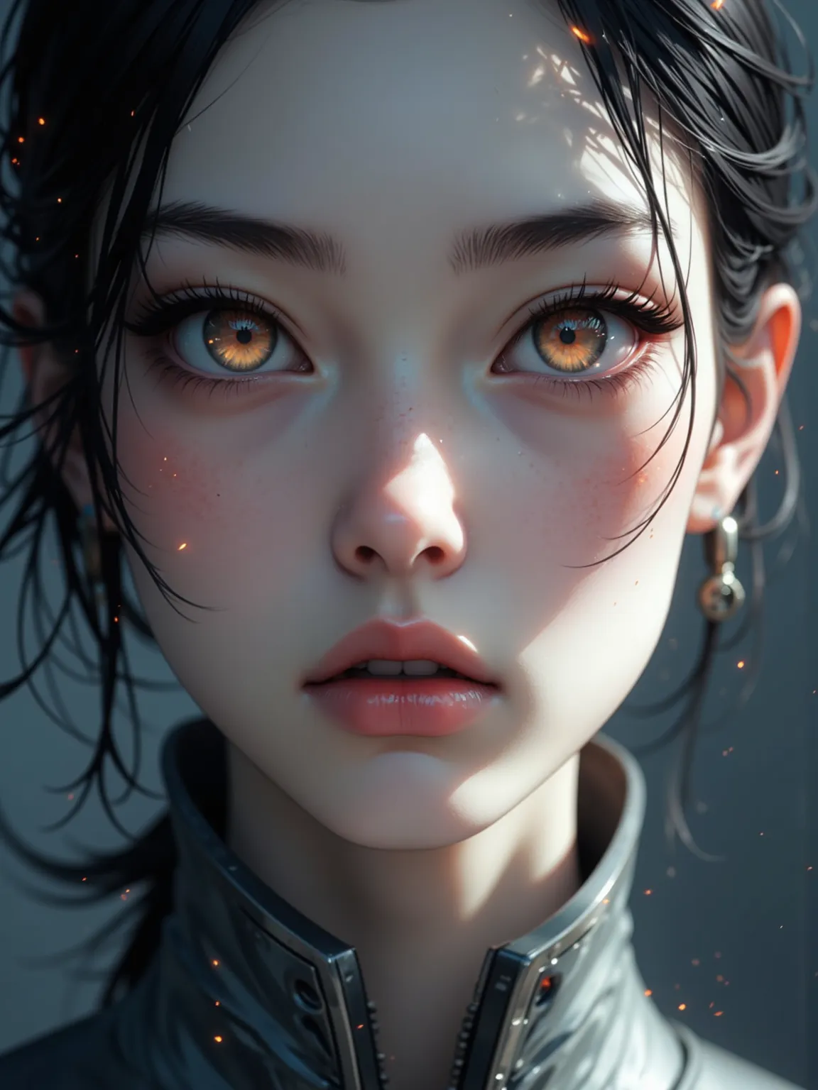 Highly detailed portraits with expressive eyes and a perfect face，Enhanced with cinematic lighting and realistic shadows，post-processing with volumetric light and flare in 4K resolution，Represents。Focuses on fine eye details and pale silver white tones。