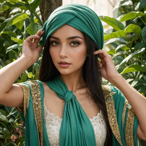 A stunning Arab woman with mesmerizing large green eyes, flawless skin, and long, flowing black hair elegantly wrapped in a luxurious turban. She wears a beautifully detailed tunic that gracefully drapes over her chest, flowing elegantly with soft folds th...