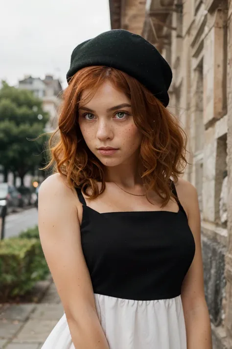 A girl with curly orange hair, green eyes, freckles and a black hat in a white and black dress