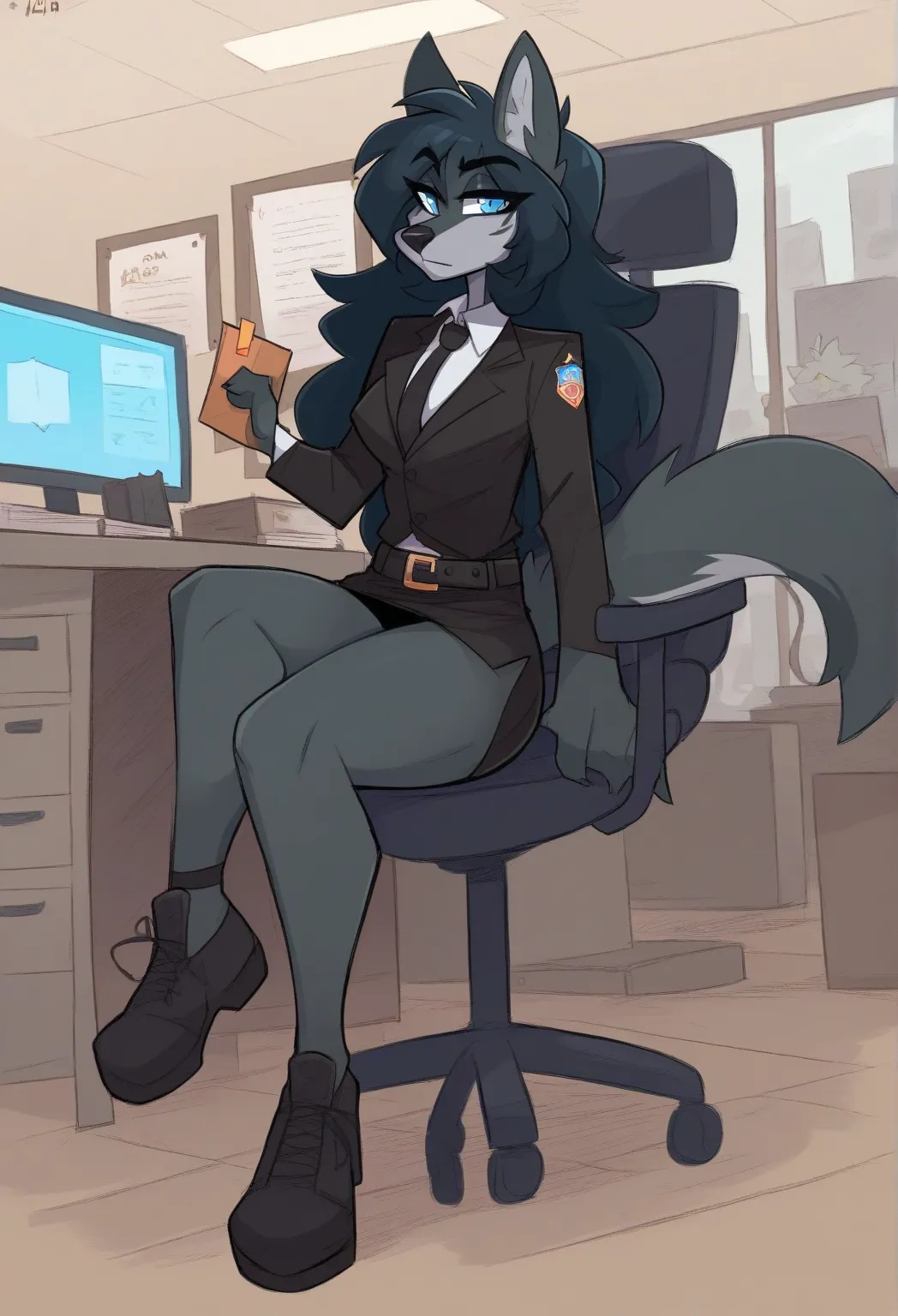 1girl, solo, female, female focus, furry full body,(((Kilinah style))), random Character,black skin,black pants,black belt,black shoes,black suit,black tie,big wolf ears,wolf nose,black long hair,light blue eyes,wolf tail,police station, background office,...