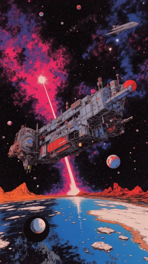 Space colony flying over a planet with universe in the background, 1980s retro sci - fi art, Fascinating colorful universe, Shining shooting star, 
in style by Josan Gonzales, Iridescent Ink Flow In universe, by Peter Elson, in peter elson color scheme, ro...