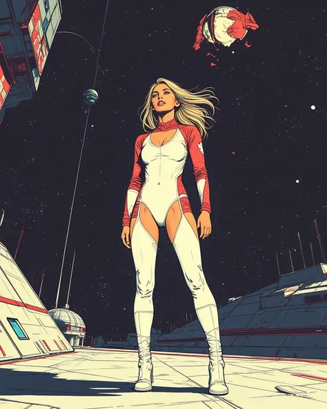 An illustration of a beautiful sassy Canadian Sexy space cadet Woman stands on deck of a futuristic starship. She's wearing a White and red Sexy open front lycra space bodysuit costume with a Maple leaf on the arm bands. She is tossing Donald Trump  into S...