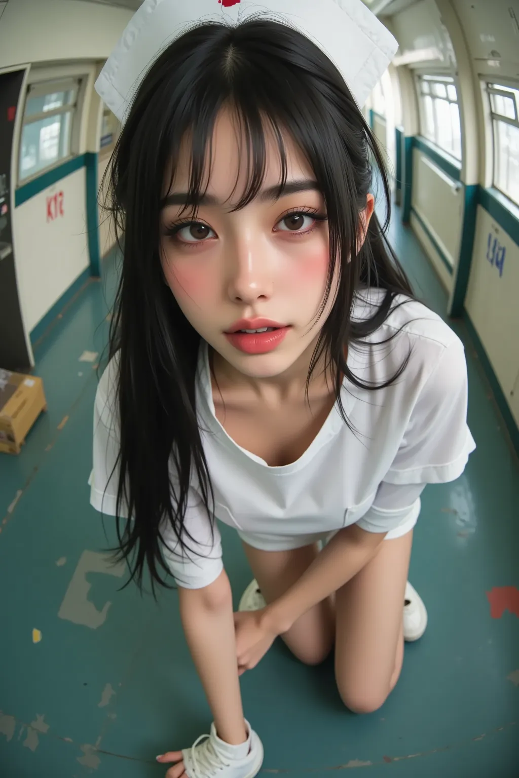  above、 Fisheye 、 beautiful Japanese woman ,  black hair with ponytail,That's emo  ,  nurse,  wearing sneakers ,   very sexy  ,  bending down on the floor 