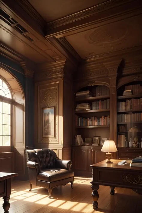 A highly detailed fantasy office interior, an ornate dark oak desk with intricate carvings, bookshelves lining the walls filled with ancient tomes and scrolls, a comfortable leather chair and sofa, a large window overlooking a lush garden, warm lighting, a...