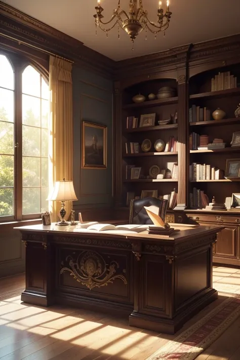 A highly detailed fantasy office interior, an ornate dark oak desk with intricate carvings, bookshelves lining the walls filled with ancient tomes and scrolls, a comfortable leather chair and sofa, a large window overlooking a lush garden, warm lighting, a...