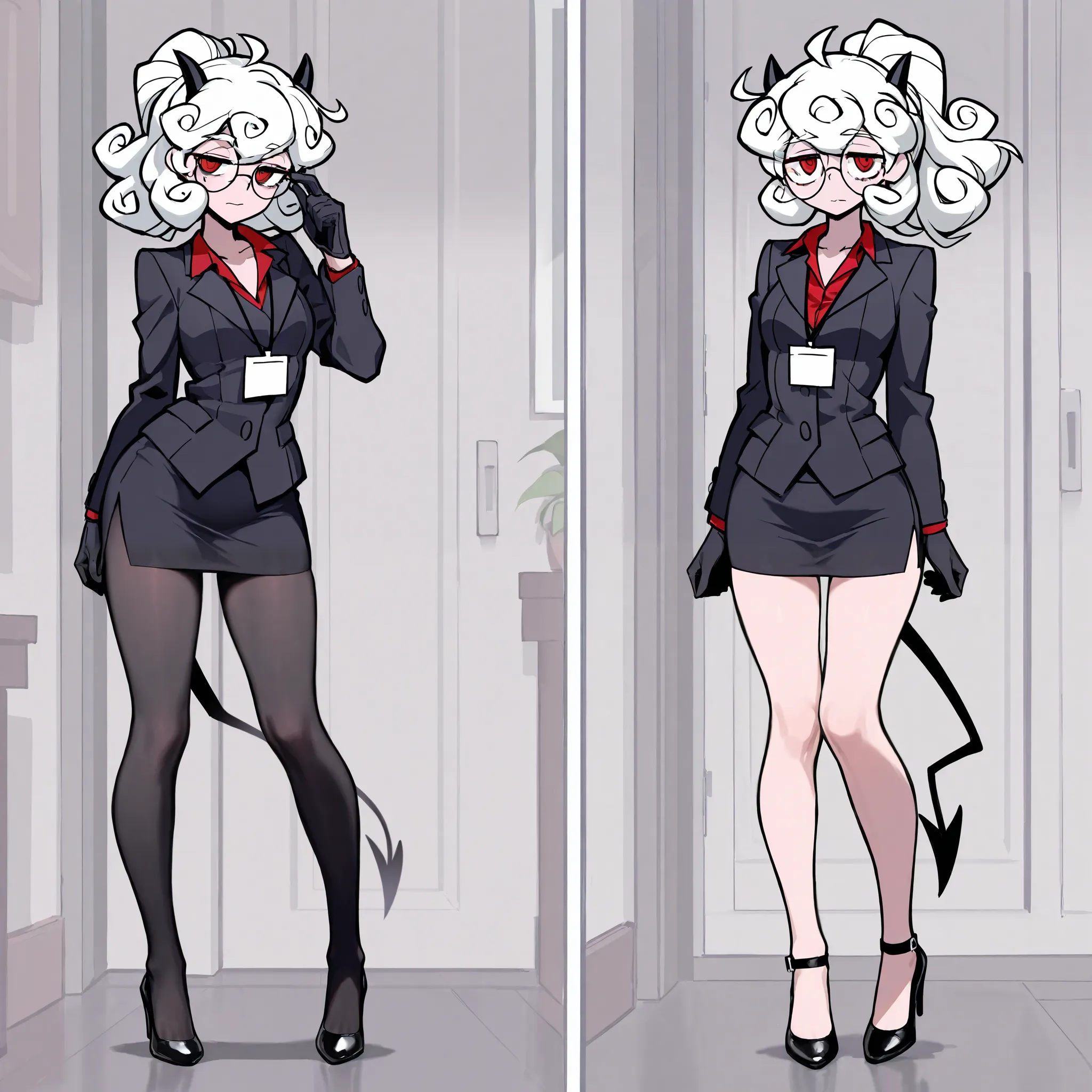 Masterpiece, best quality, absurd res, masterpiece, pandemonica helltaker, small black horns, red eyes, big round glasses, wearing tight black suit, short skirt, black gloves, tired expression, standing, adjusting her glasses, full body shot, heels, mouth ...