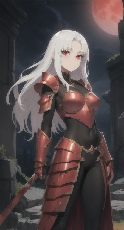 Lost era, Prehistoric princess, blood moon night, Nayla, white hair, red eyes, looking at viewer, long messy hair, lore accurate, armor, ancient Castle ruins,