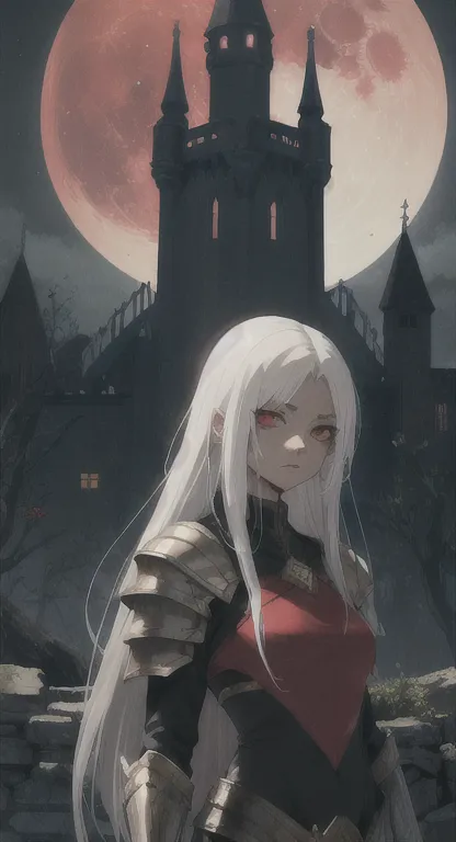 Lost era, Prehistoric princess, blood moon night, Nayla, white hair, red eyes, looking at viewer, long messy hair, lore accurate, armor, ancient Castle ruins,