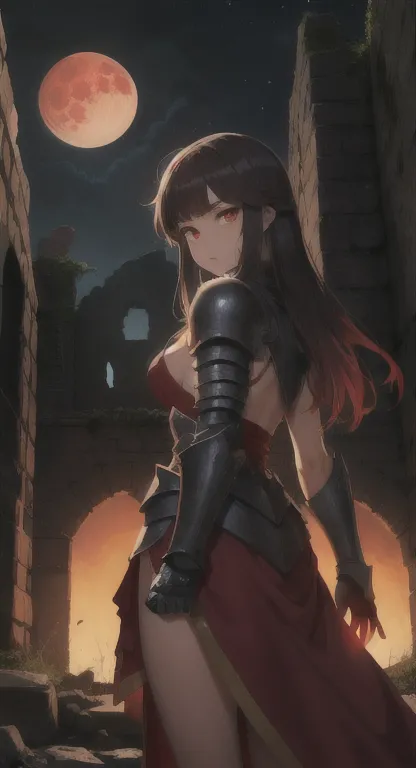 Lost era, Prehistoric princess, blood moon night, Nayla, red eyes, looking at viewer, long messy hair, lore accurate, armor, ancient Castle ruins,