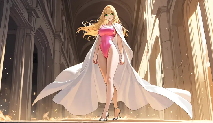 Sexy superhero blonde woman with silver high heels, white cape, green eyes, golden hair, wearing a pink and white swimsuit walking towards you in the middle of a battlefield.