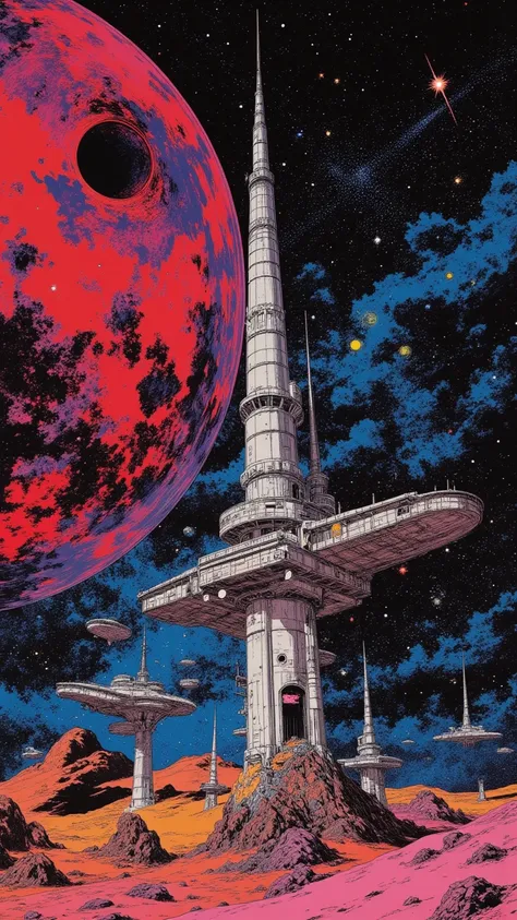 Space colony flying over a planet with universe in the background, 1980s retro sci - fi art, Fascinating colorful universe, Shining shooting star, in style by Josan Gonzales, Iridescent Ink Flow In universe, by Peter Elson, in peter elson color scheme, rog...